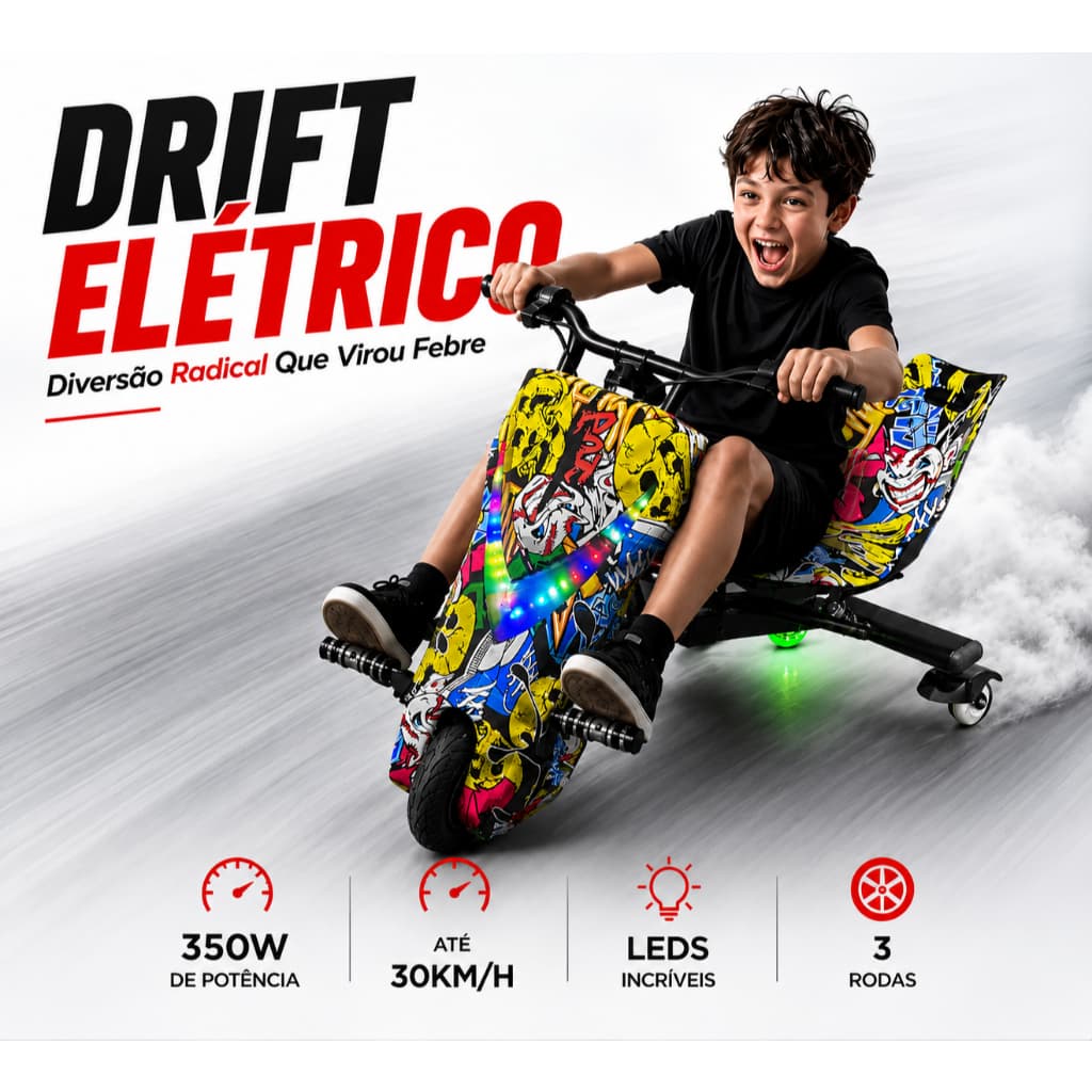 Triciclo Elétrico Drift 3 Rodas Premium com Bluetooth Música – Estrutura Reforçada, Amortecedor e Kit Completo Proteção