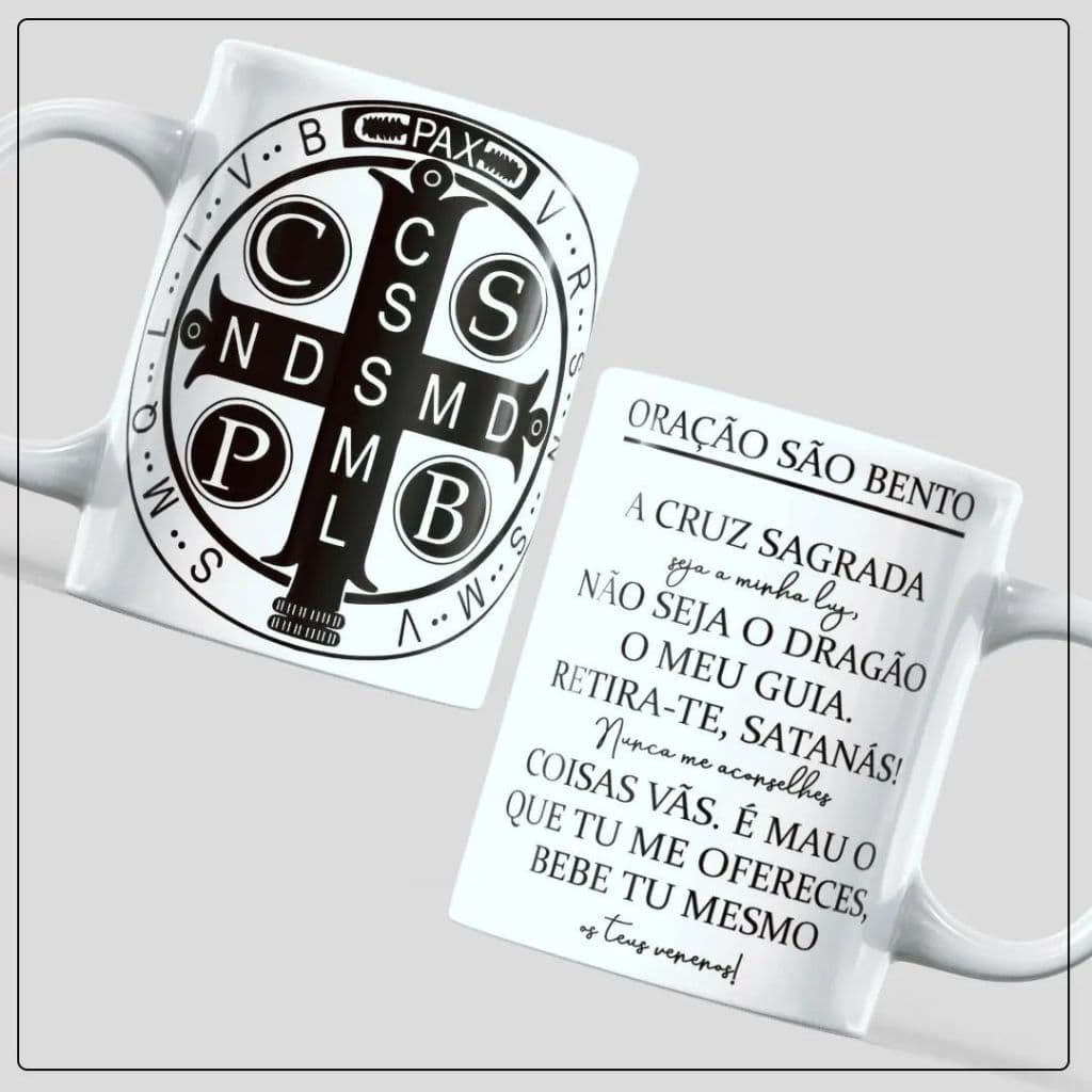 Caneca de Cerâmica Medalha de São Bento e Oração | Caneca Católica | Presente Religioso