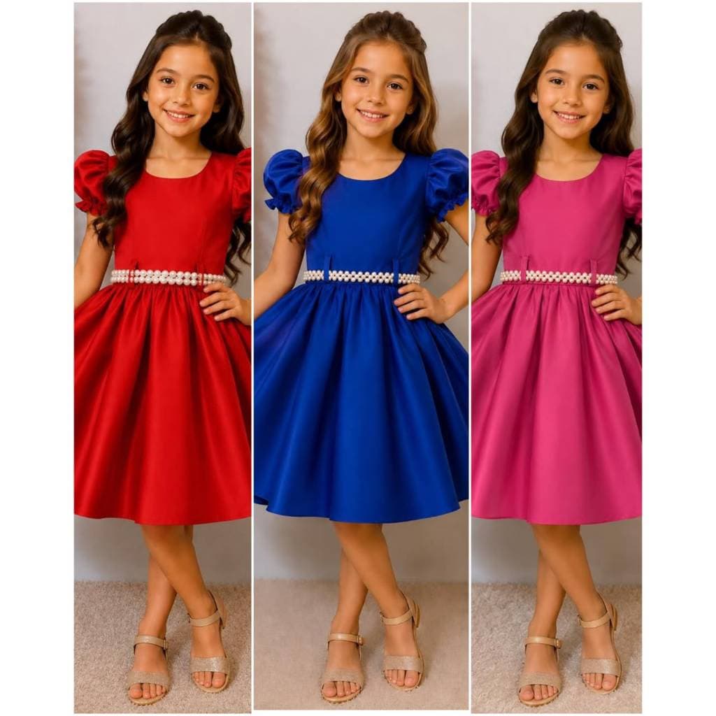 Vestido Infantil Menina Premium Manga Princesa Cinto de Pérolas Grátis Festa Aniversário Casual Elegante 2 ao 10 Anos