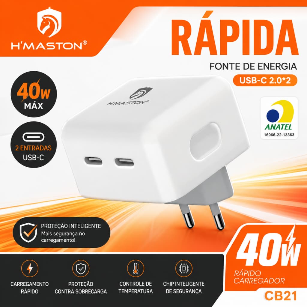 Fonte Tipo-C 2 Saidas USB-C 40w H'maston Homologada Carga Rapida