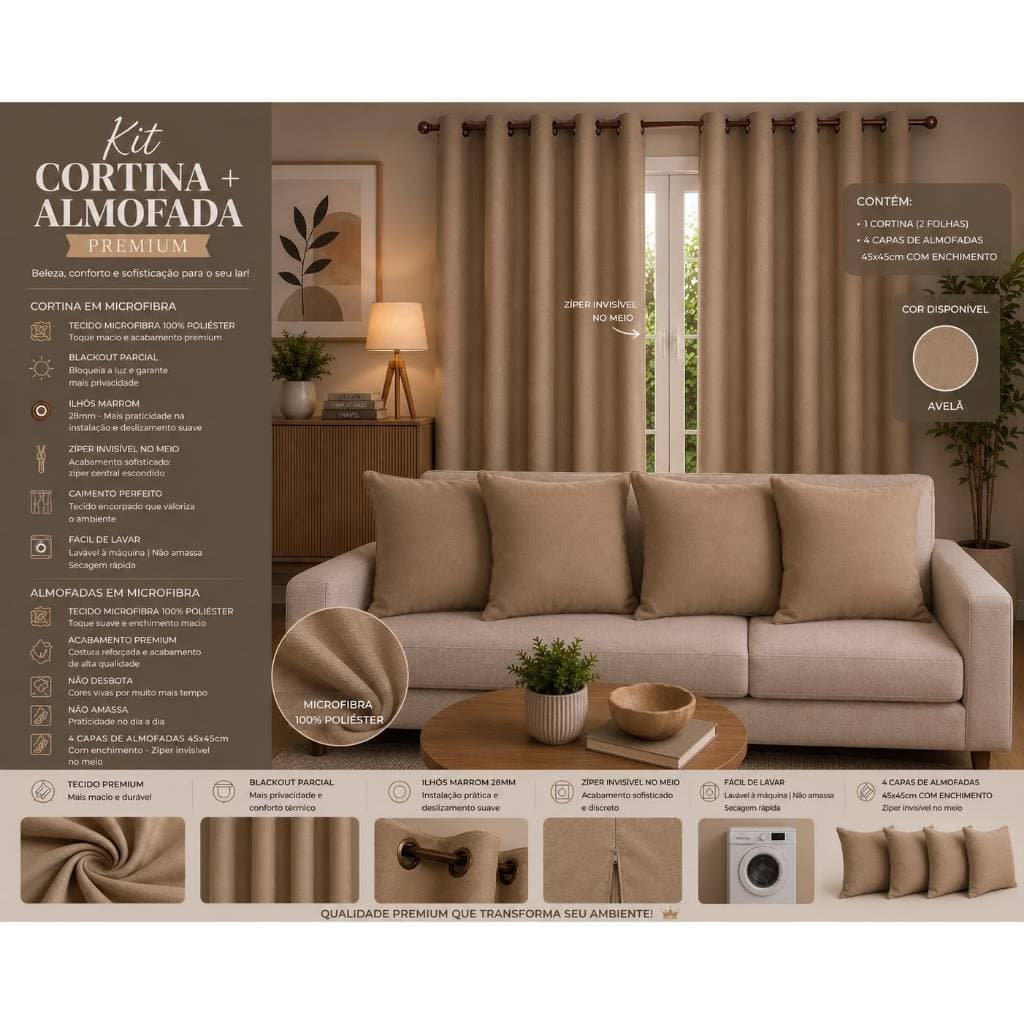 Kit Cortina 3 Metros Microfibra Premium+ 4 Capas de Almofadas 45x45 lhós 28m Sala Quarto Janela Luxo