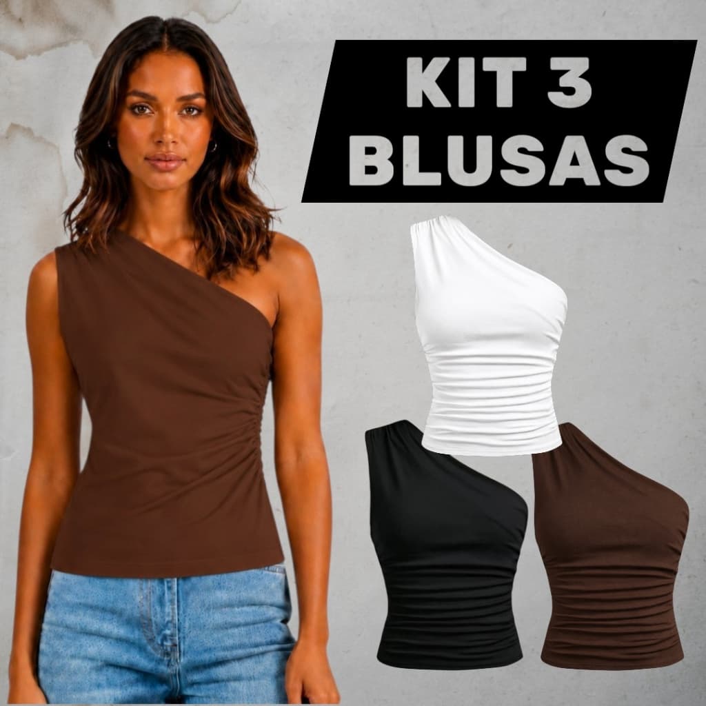 KIT 3 Blusa Feminina Mula Manca Casual Elegante Ombro Único Franzido Assimétrica