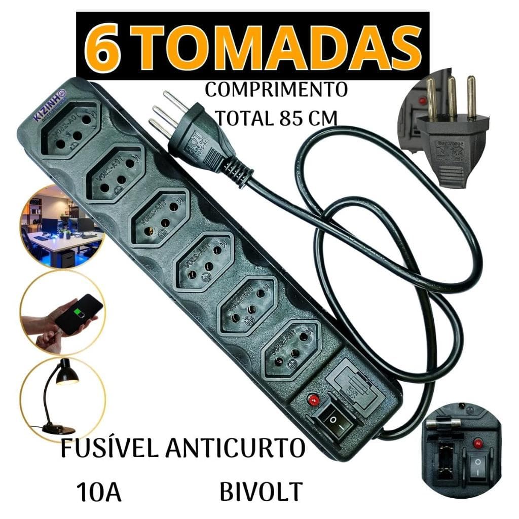 Filtro de Linha 6 Tomadas 10A Bivolt 110/220 Fusível 3A interrupitor Liga/Desliga Plug 3 Pinos