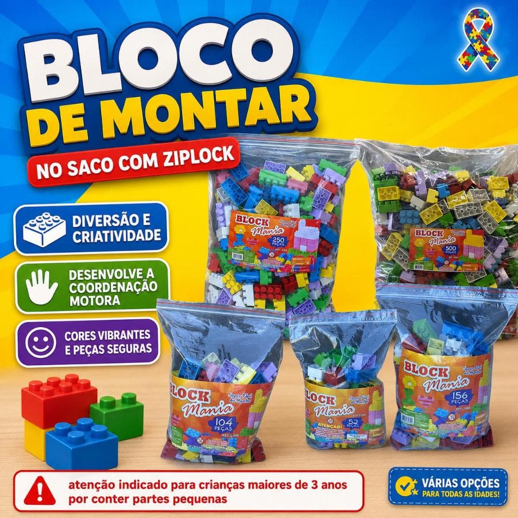 Blocos De Montar No Saco Ziplock 52/104/156/250/500 Peças Coloridas Para crianças Maiores De 3 Anos Brinquedo Presente