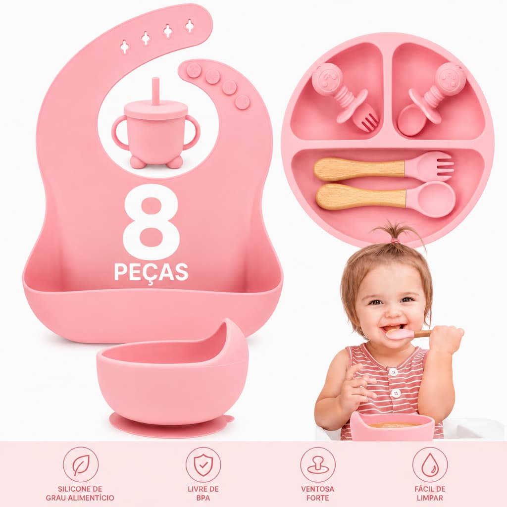 Kit Talheres Bebê Silicone 8 Peças Prato com Ventosa Babador Colher Garfo Copo Infantil