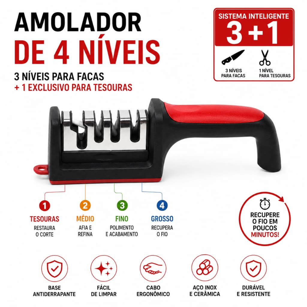 Amolador de Facas 4 Níveis Profissional para Tesoura e Cozinha