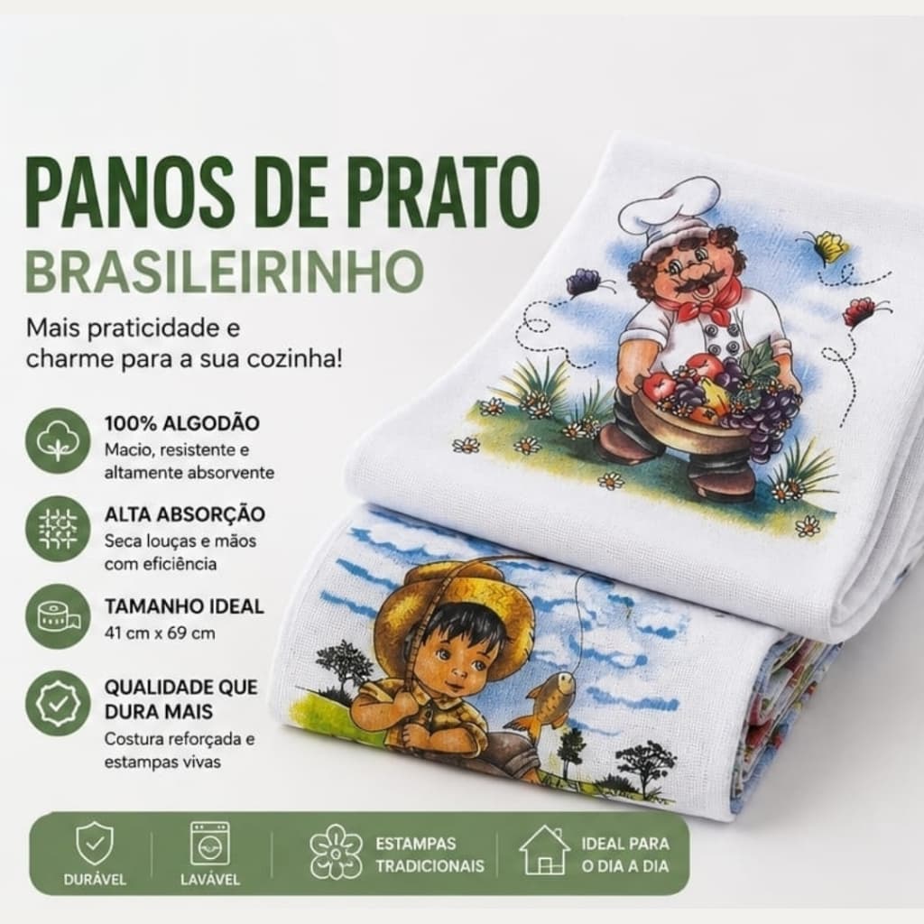 kit Panos de Prato Brasileirinho - alta absorção - 41 x 69 cm - 100% algodão - absorvente