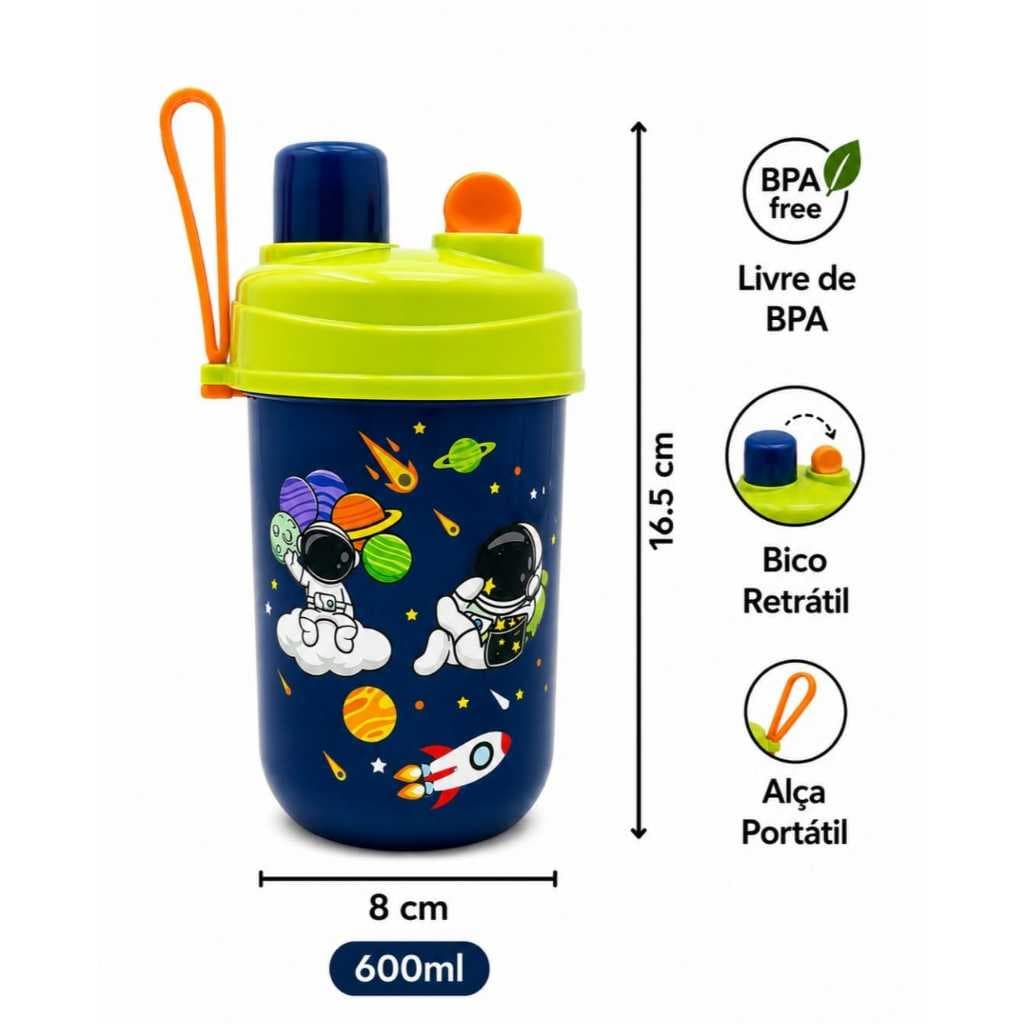 Garrafa Astronauta Azul Copo De Transição Infantil Bebê 600ml Com Canudo E Bico Tampa  E Alça Menino Agua Suco Escola