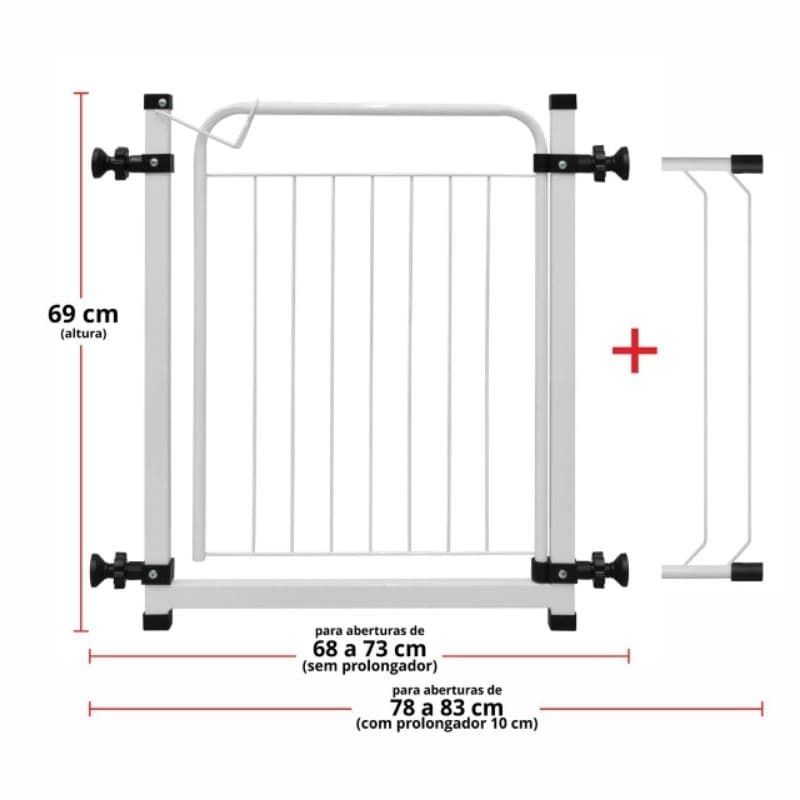 PORTÃO PET SEGURANÇA BEBÊS PARA PROTEÇÃO GATOS CACHORROS MULTIUSO LARGURA 69 A 84CM COM EXTENSOR 10CM