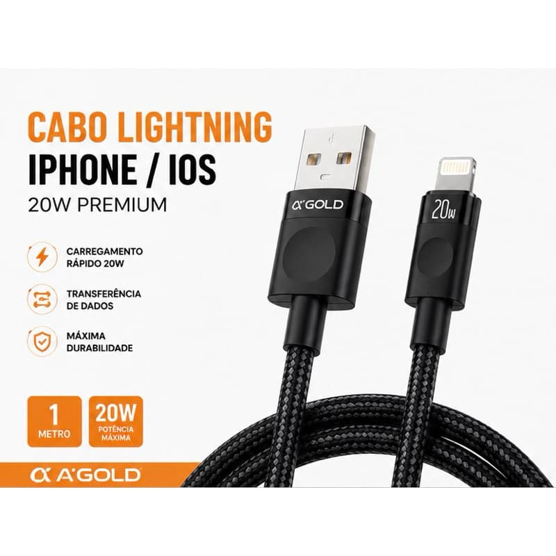 Cabo A ‘ Gold Lightning para iPhone a-gold 20W Turbo 1 Metro Reforçado Carregamento Rápido USB A’Gold Premium a- gold