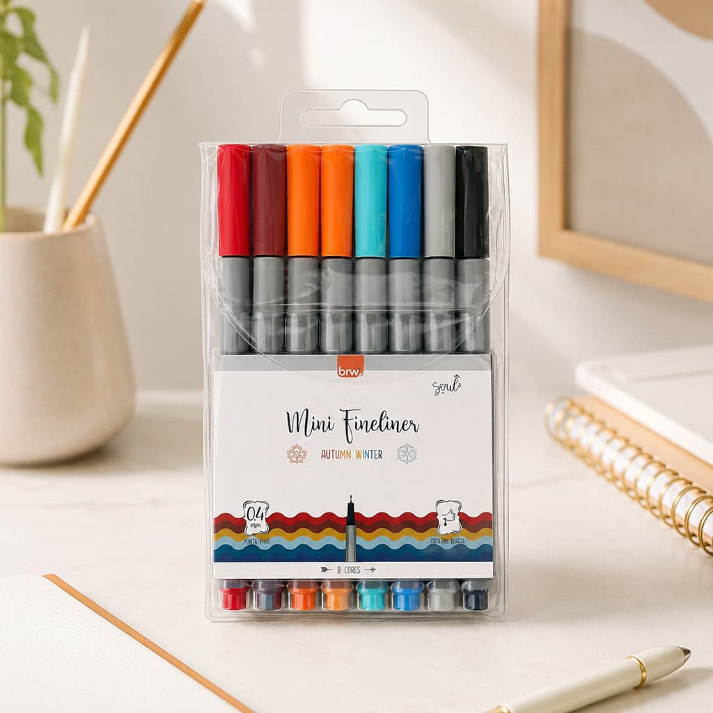 Canetinha Mini FineLiner 8 Cores 0.4mm Ponta Fina BRW – Estojo Escolar Colorido
