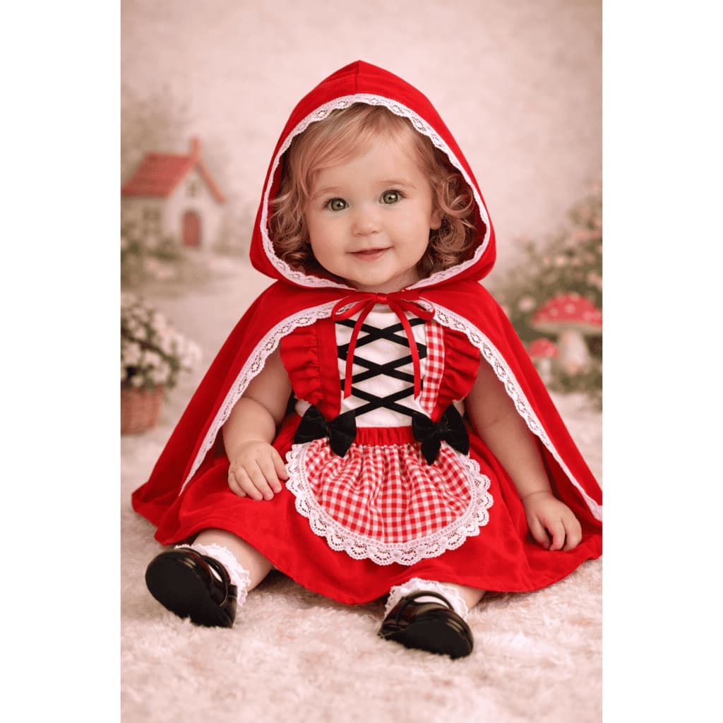 Jardineira Saia Capuz Vestido Chapeuzinho Vermelho Mesversário Fantasia Aniversário Lobo Mau Bebê