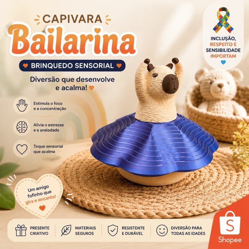 Capivara Bailarina Fidget Sensorial Giratório Presente Fofo Anti Estresse Autismo Brinquedo Relaxante Infantil Criativo
