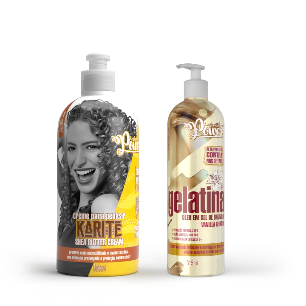 Kit Creme de Pentear Karité 500ml + Gelatina Óleo em Gel de Baunilha 315ml Soul Power