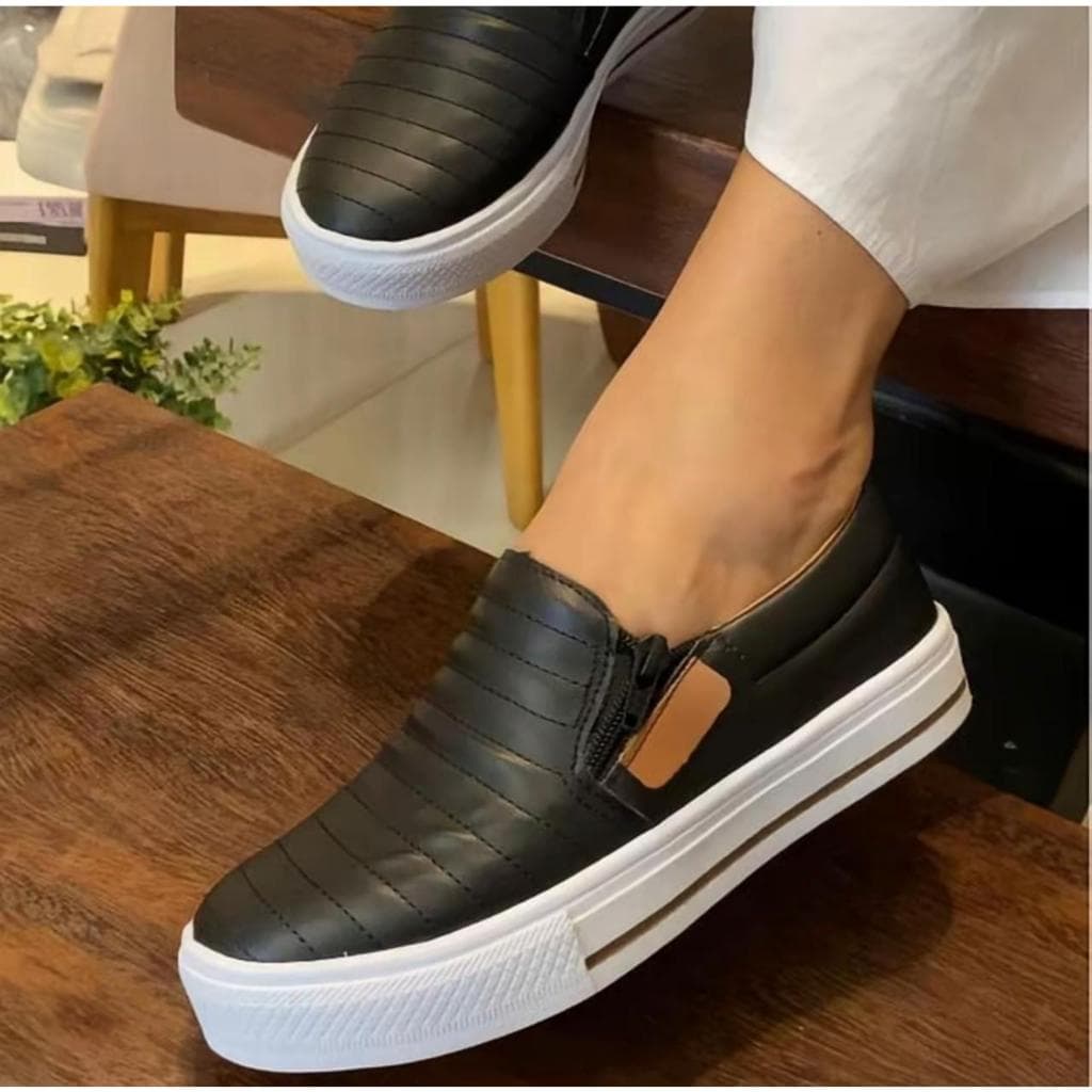 Tênis Feminino Casual Sapatilha Calce Fácil Slip On Iate Com Ziper Leve Confortável