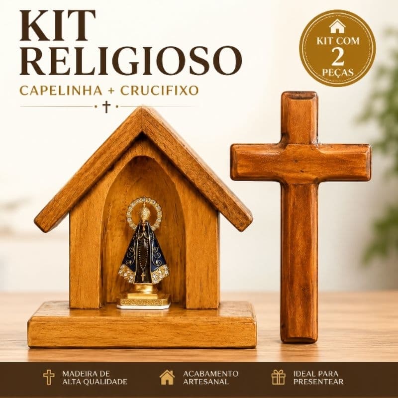 Kit Capelinha Nossa Senhora Aparecida + Crucifixo de Madeira | Decoração Católica | Presente Religioso