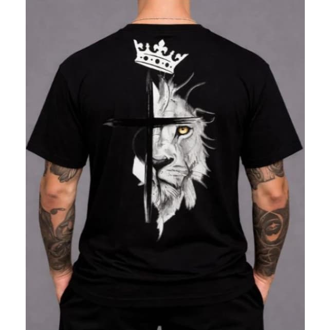 Camiseta Masculina Gospel Leão Cruz Cristã 100% Algodão Premium
