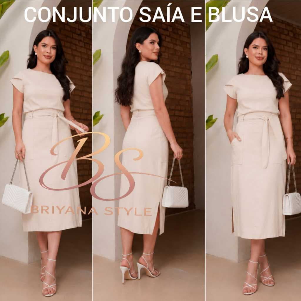 Conjunto Feminino Saia e Blusa Com Bolsos e Cinto de amarração em Tecido Alfaiataria Sensorial Marrat