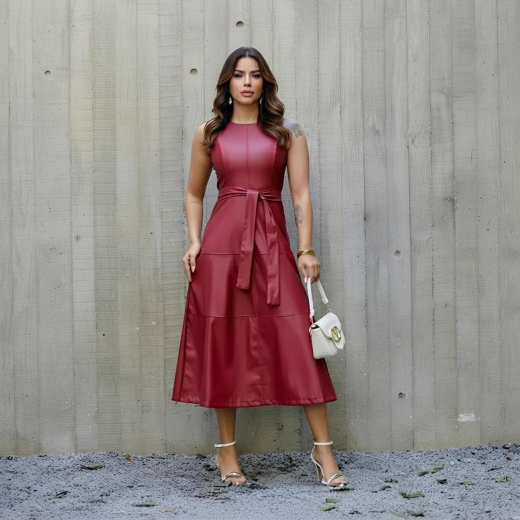 Vestido Longo de Couro Com Zíper e Cinto Removível Courino