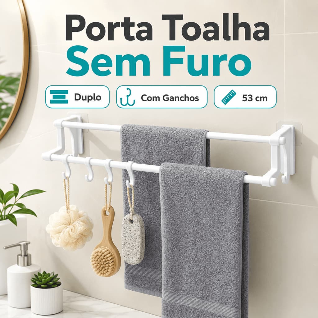 Porta Toalha De Parede Sem Furo 53cm Com 4 Ganchos Para Banheiro Cozinha Organizador