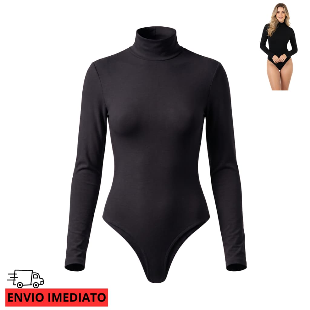 Body Gola Alta Manga Longa Cacharrel Suplex Collant Liso Segunda Pele Forro Duplo Colado Sem Bojo