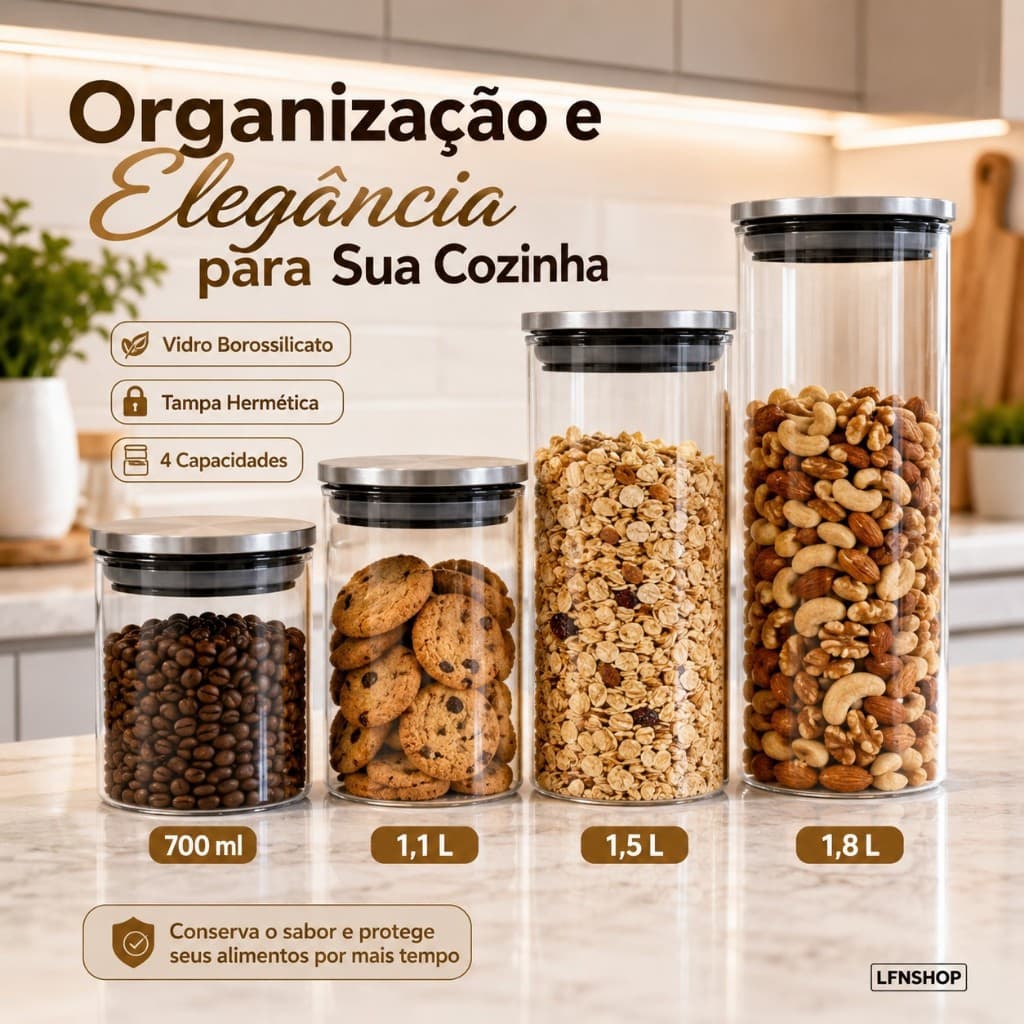 Pote Hermético Vidro Borossilicato Tampa Inox Redondo 700ml 1,1L 1,5L 1,8L