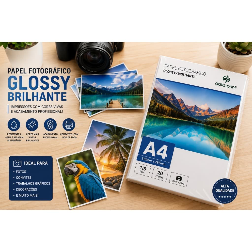 Papel Fotográfico A4 Glossy Brilhante 115g Data Print 20 Folhas Para Impressora Jato de Tinta ✅