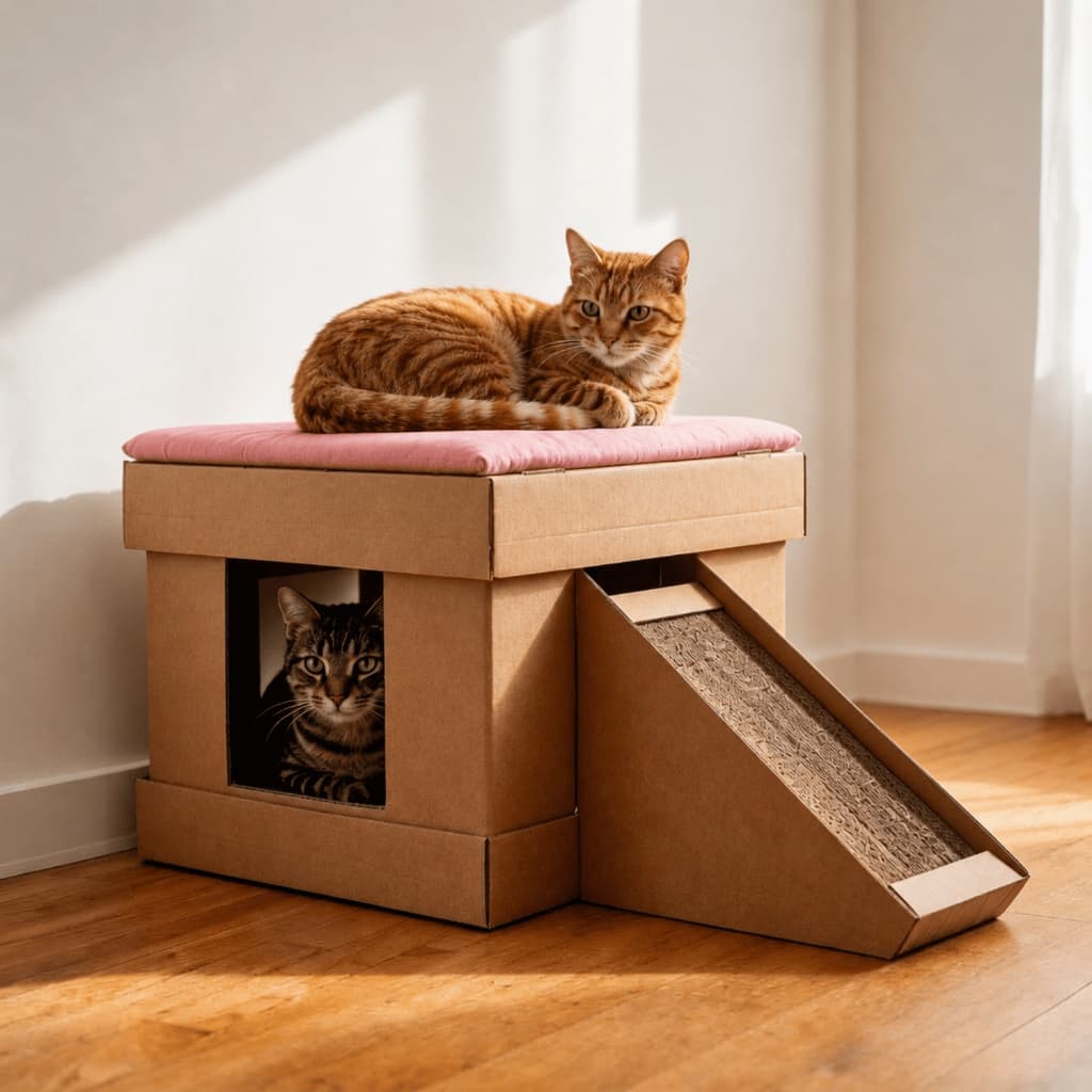 Casa para Gato 2 em 1 com Arranhador e Almofada Toca  Modelo Kubo com Rampa