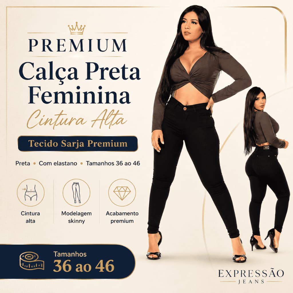Calça preta feminina de cintura alta tecido jeans