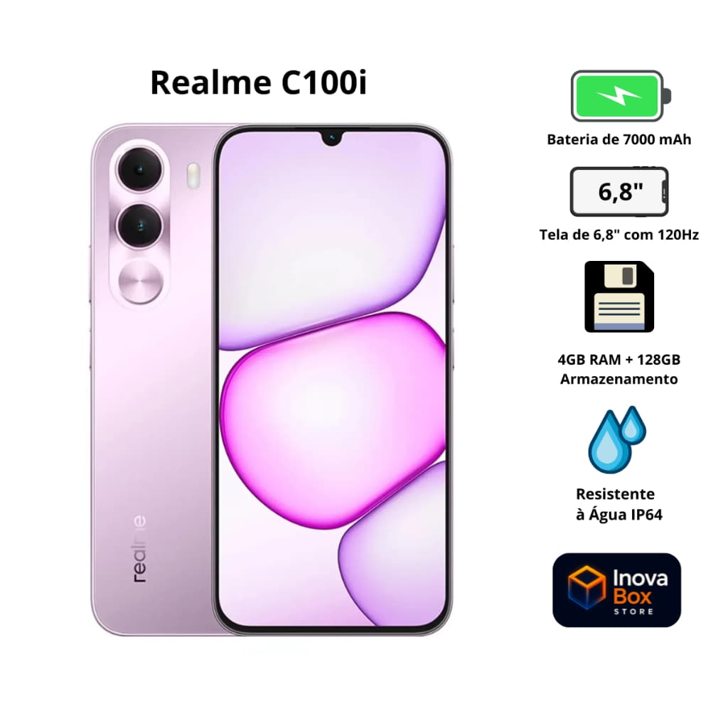 Smartphone Realme C100i NFC 128/256GB Tela 6.8" 120Hz Bateria 7000mAh Dual Chip Android 16