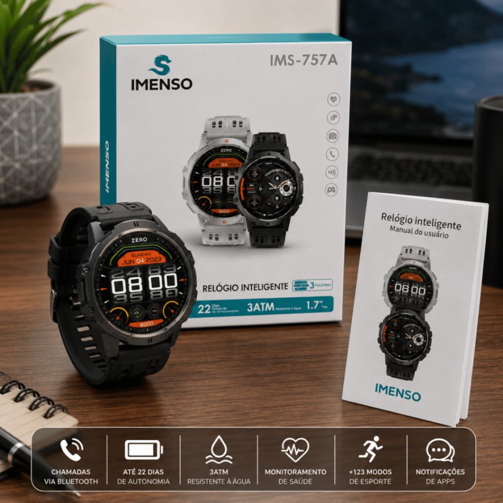 📱 Relógio Inteligente Imenso IMS-757A Chamadas Bluetooth 3 Pulseiras 3ATM