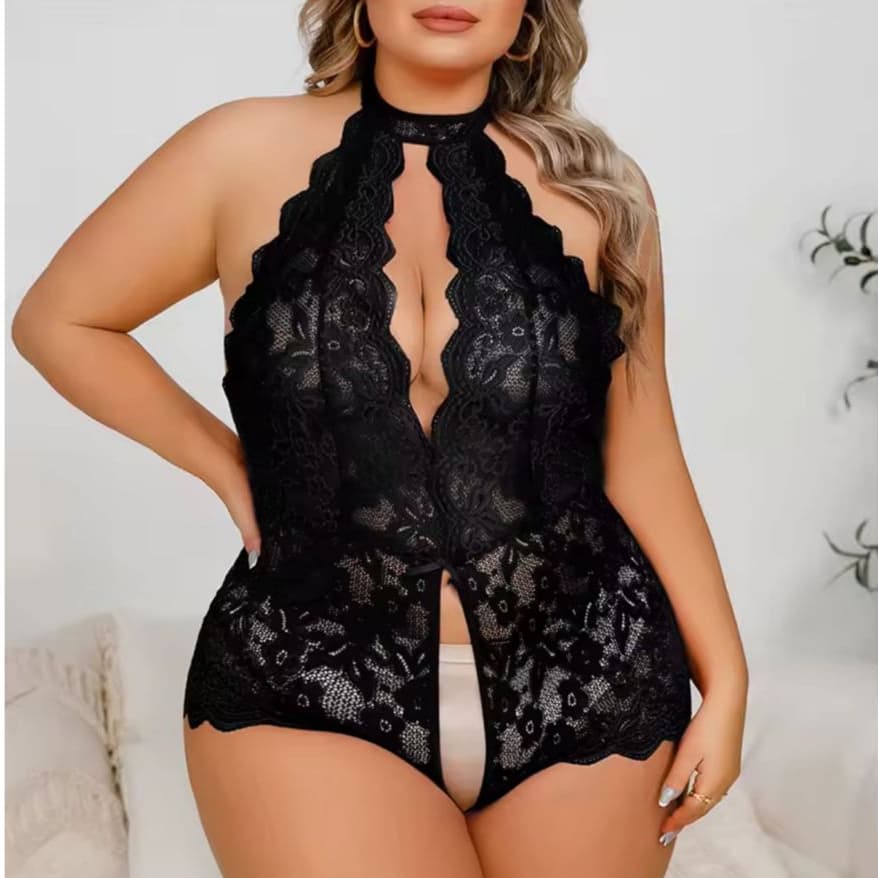 Body Rendado Plus Size Decote Vazado Sedutor Gola Alta