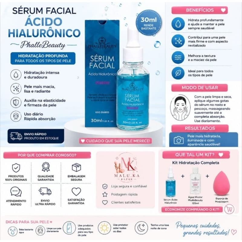 Serum facial hidratante com ácido hialurônico PhalleBeauty