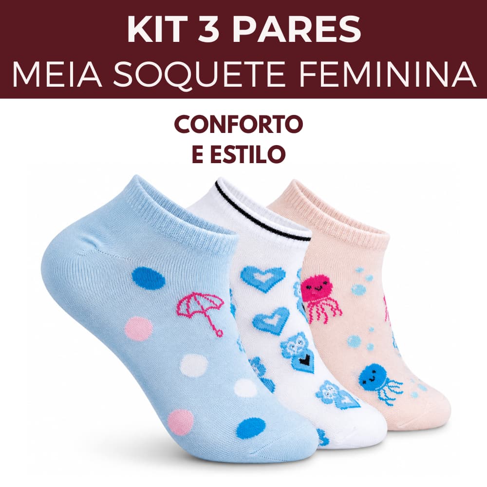 Kit 3 Pares Meia Soquete Feminina Estampada 33-38 Rafa Parize