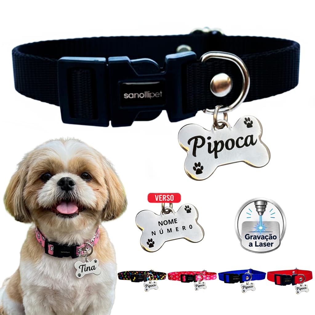 Coleira Para Cachorro Com Plaquinha De Identificação Personalizada Frente E Verso Luxo