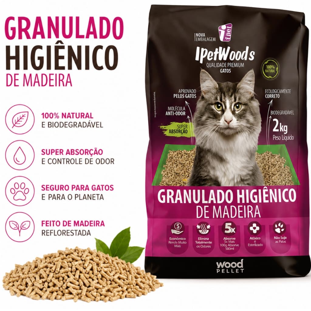 Granulado Higiênico de Madeira Para Gatos IpetWoods 2kg  Alta Absorção 5x Maior 100% Natural e Biodegradável