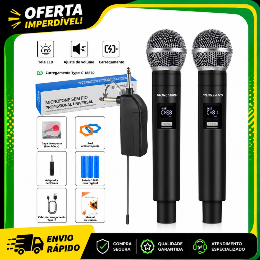 MOREFAND Microfone Sem Fio 2.4GHZ UHF Portátil Recarregável Para Karaokê Festa De Casamento Igrejas Musicas Eventos