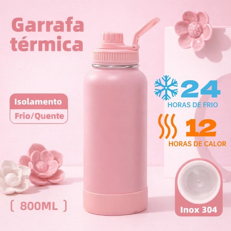 Garrafa Térmica De água 800ml Quente Frio 304 inox Com alça Premium Copo Colorida academia-116
