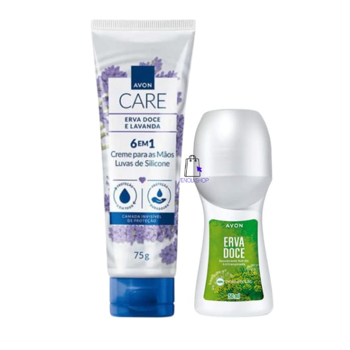 Kit Erva Doce e Lavanda Creme p/ mãos Luvas de Silicone + Desodorante Rollon - Avon