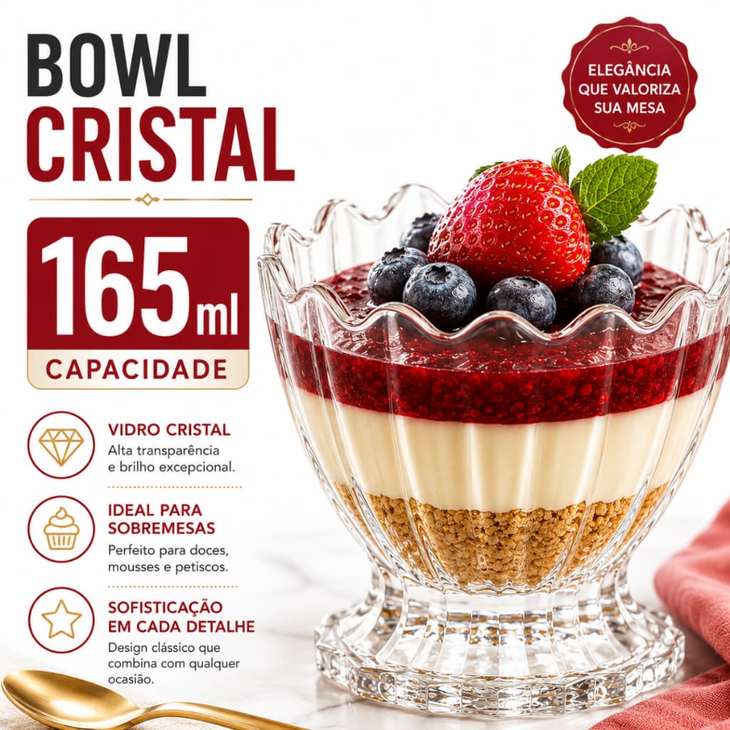 Bowl Taça De Vidro Cristal Brasília 165ml Para Sobremesas Doces Petiscos Frutas Multiuso Elegante