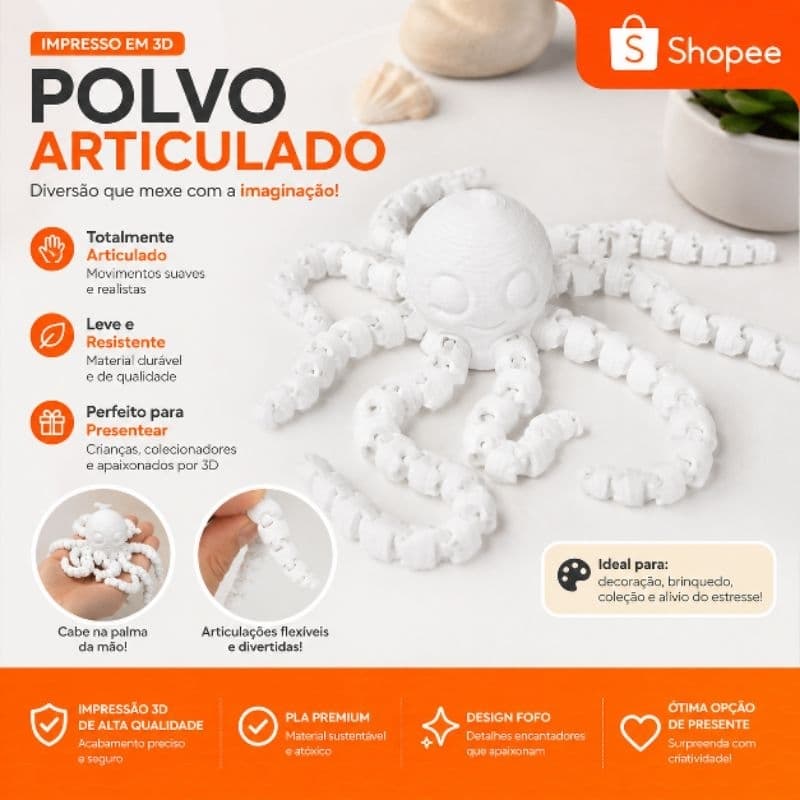Polvo Articulado Impresso em 3D – Decorativo, Flexível e Feito em PLA