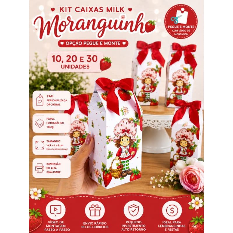 *Caixa Milk Moranguinho Personalizada | Pegue e Monte | Festa Infantil | Kit 5, 10, 20 ou 30 unidades**