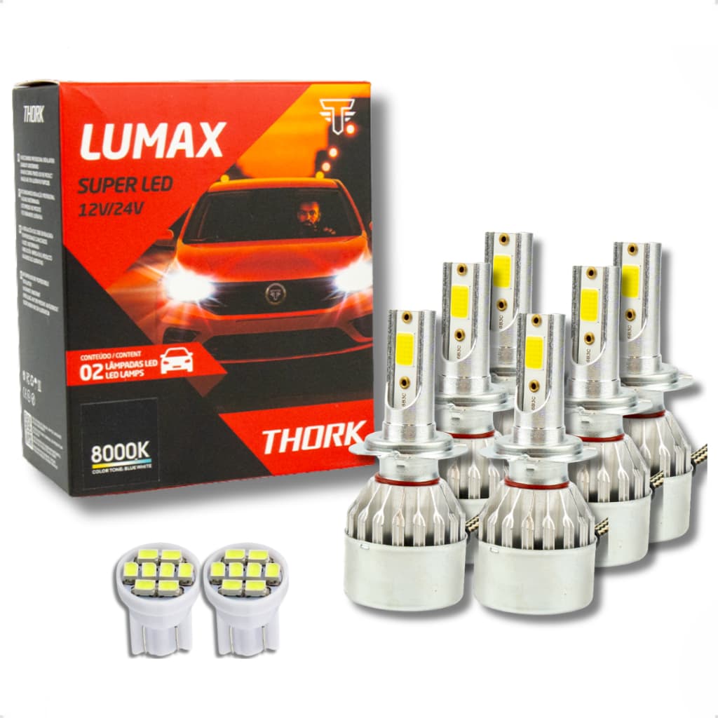 Kit 6 Lampadas Super Led Lumax Alto Baixo Milha Thork 12/24V Carros Chevrolet Fiat Honda Hyundai Ford Toyota Volkswagen