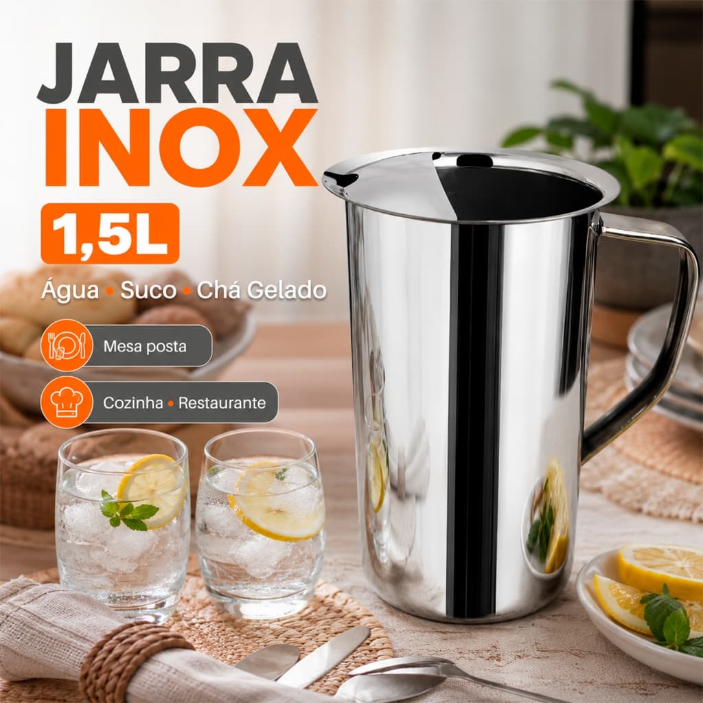Jarra Inox 1,5L Para Água Suco Chá Gelado Mesa Posta Cozinha Restaurante