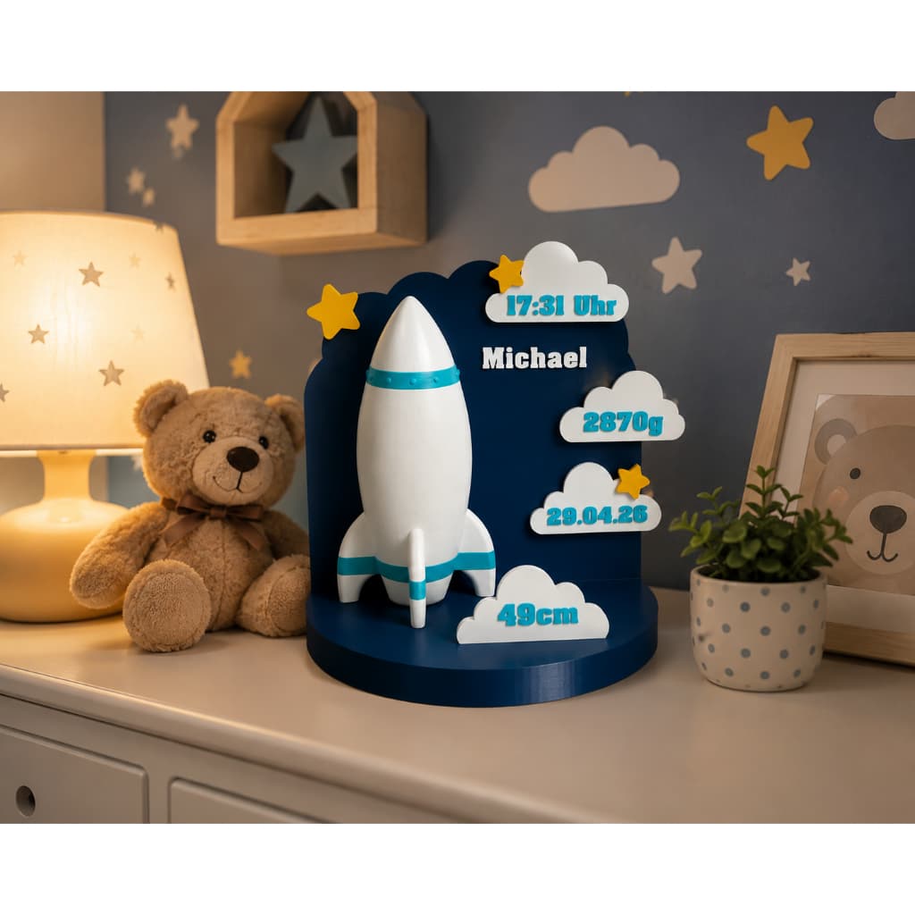 Display de Maternidade Foguete Personalizado | Nome, Peso, Data e Hora do Nascimento