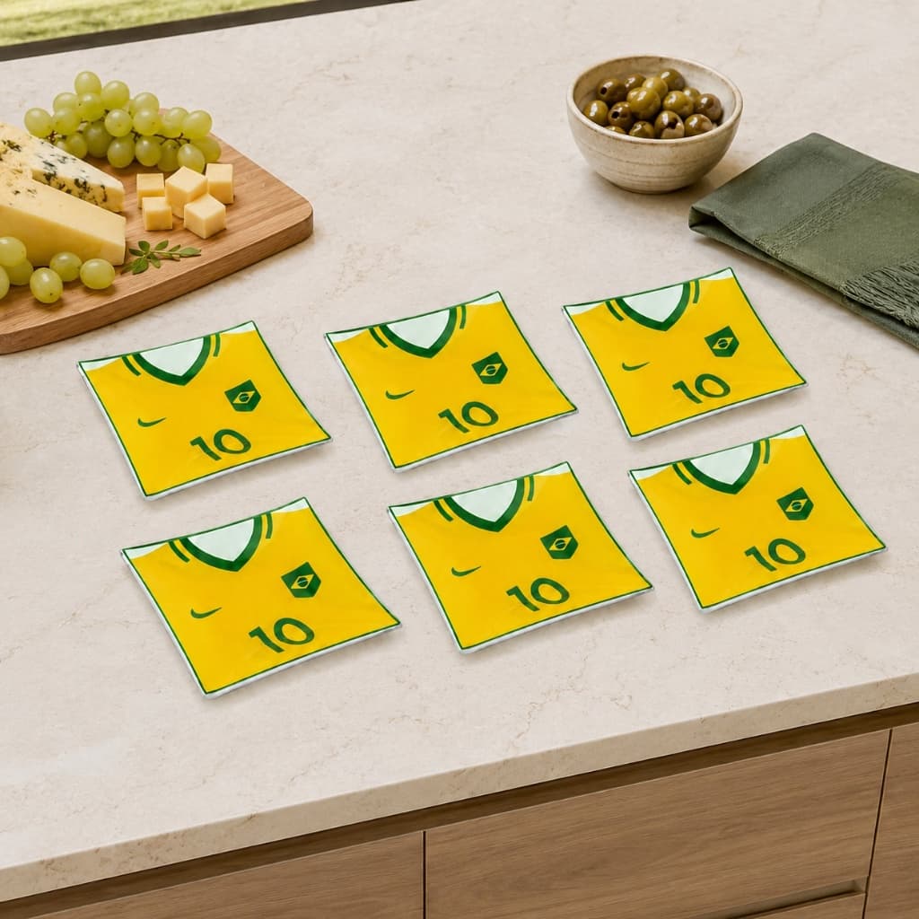Kit 6 Prato Quadrado Vidro Estampa Camiseta Copa do Mundo Para Torcida Futebol Refeição Mesa Posta