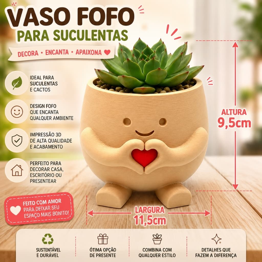 Vaso Decorativo Personagem Com Coração Para Suculentas (Tamanho G)