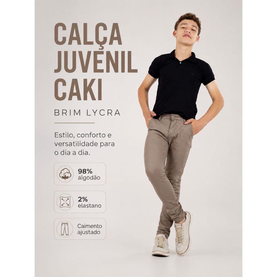 Calça Juvenil Masculina Brim Lycra Slim  98% Algodão com Elastano Confortável Casual Escolar Premium