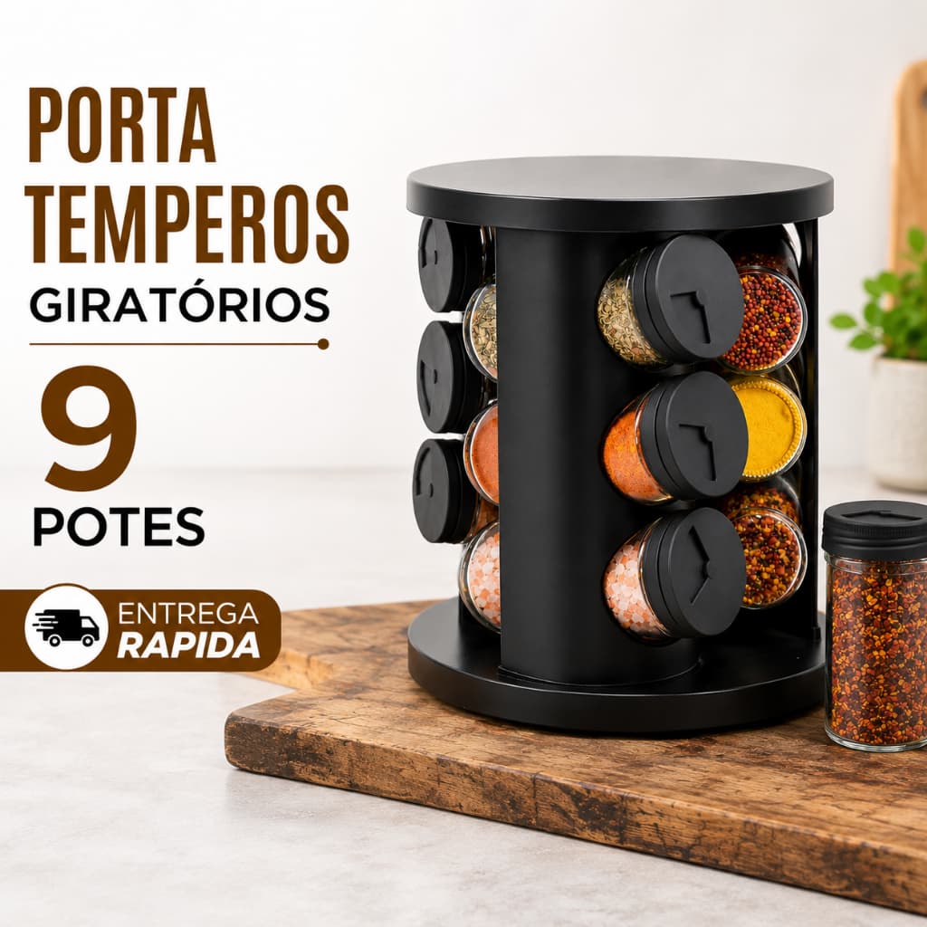 Porta Temperos 9/6 Potes Organizador Base Giratória Cozinha para Condimentos