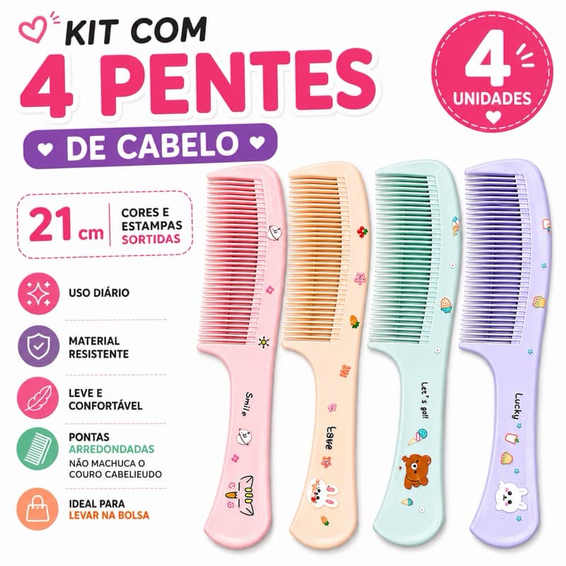 Kit 4 Pentes de Cabelo 21cm Feminino Cores e Estampas Sortidas Resistente